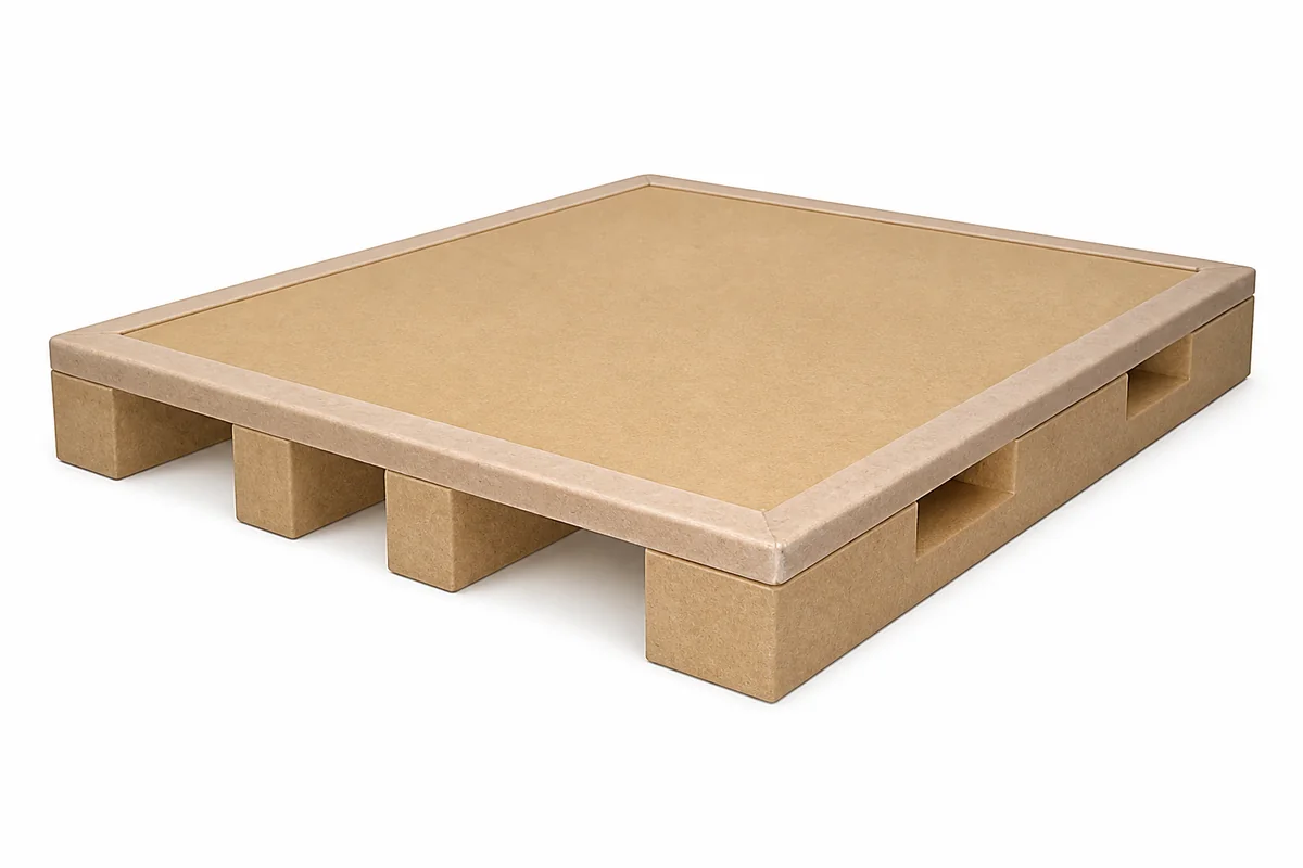Molded wood pallet with a solid pressed deck