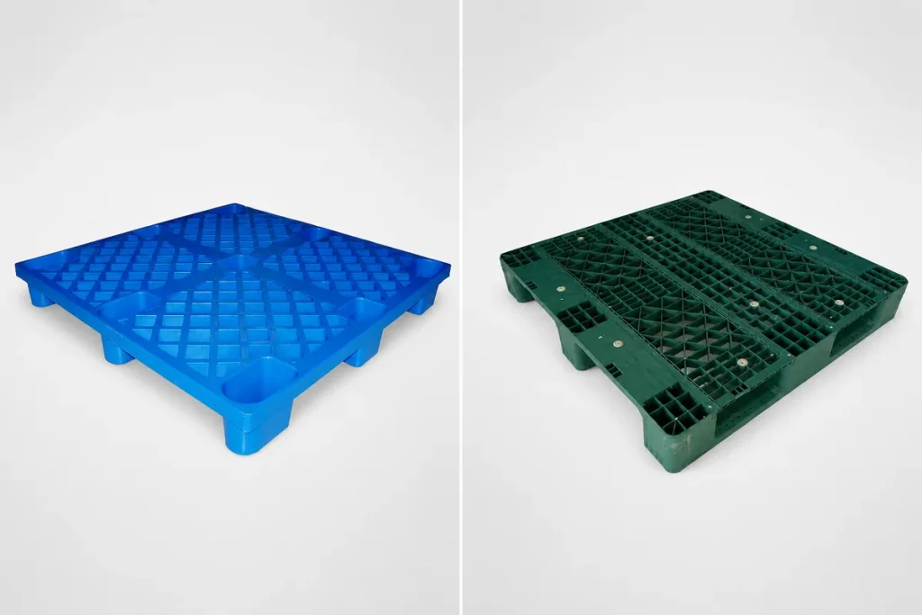 One-piece blue plastic pallet compared with an assembled green plastic pallet