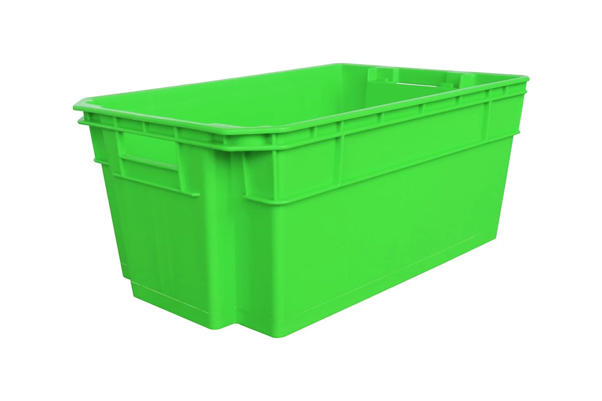 Solid wall plastic crate for containing parts during warehouse handling