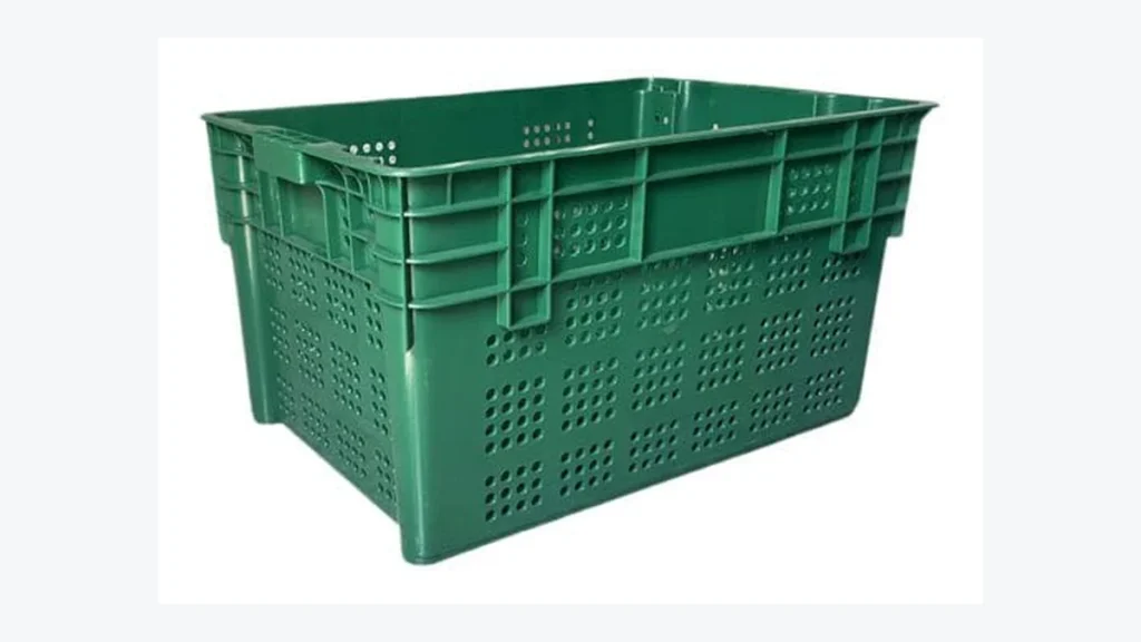 Green stackable and nestable plastic crate for returnable logistics