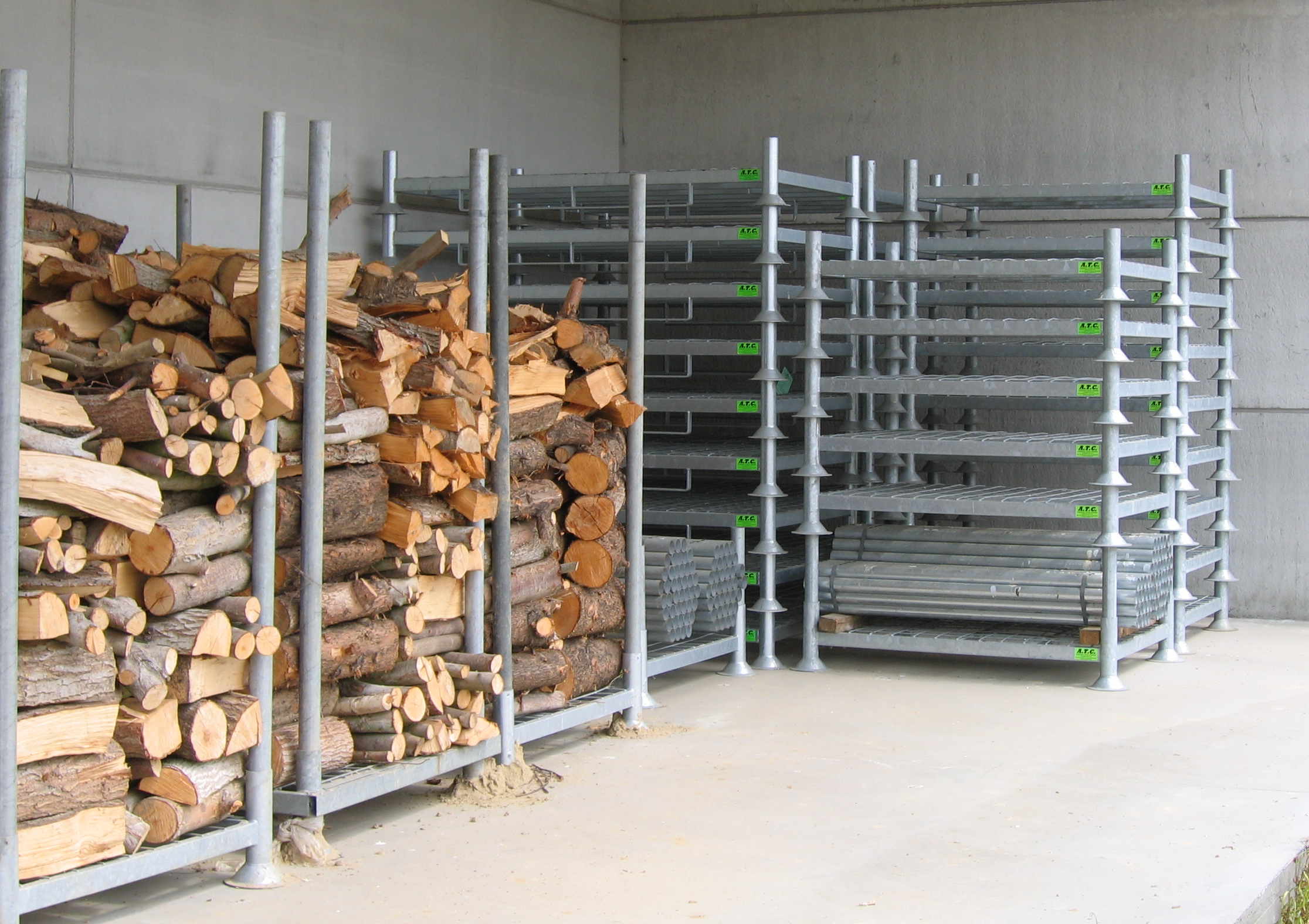 Steel pallets stored in an industrial warehouse