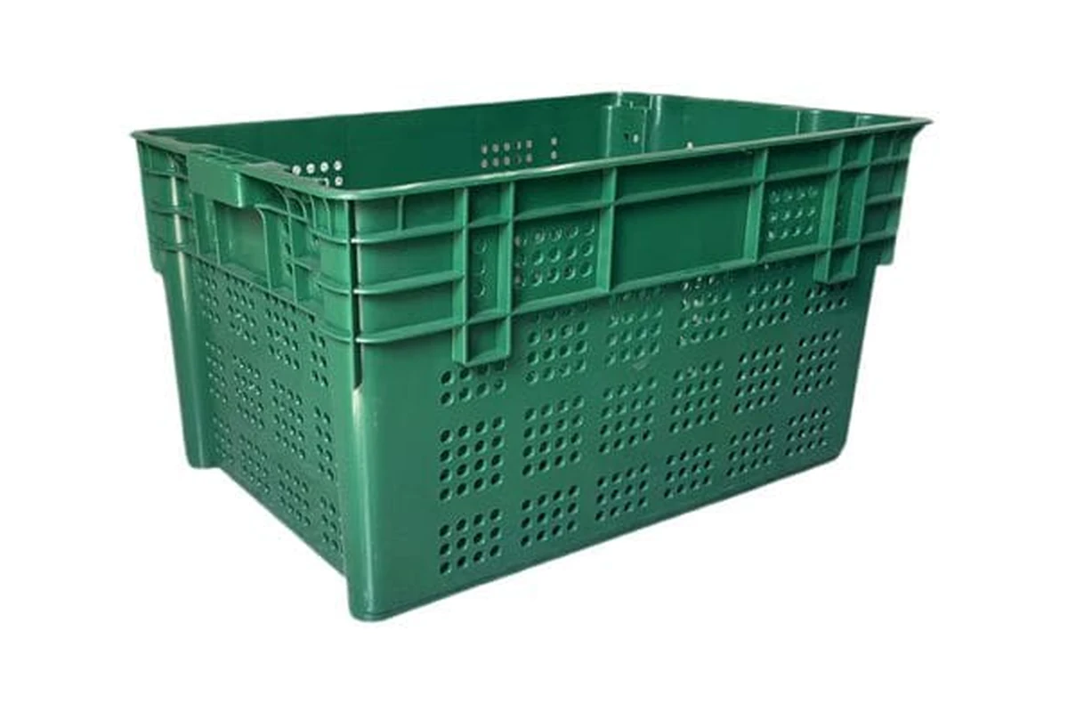 Vented plastic crate with perforated walls for airflow and drainage