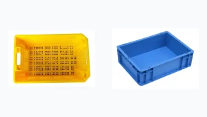 Vented and solid plastic crates shown side by side