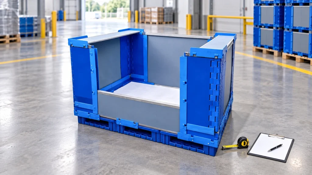 Blue modular plastic pallet box in a warehouse beside an unbranded measuring tape and clipboard