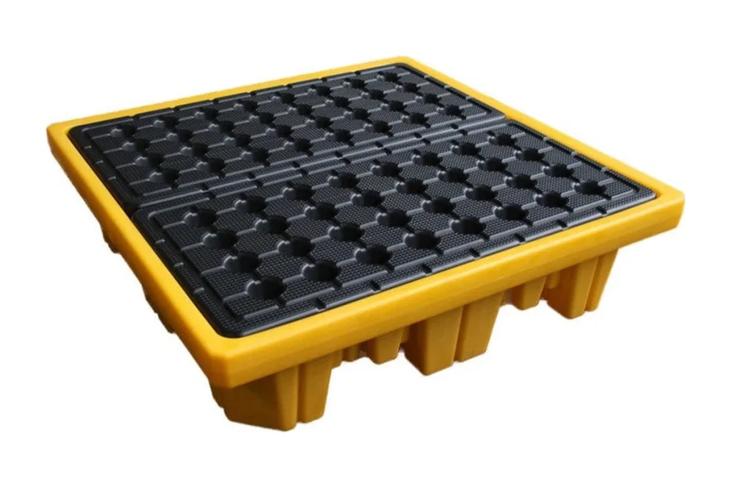 Yellow plastic drum spill pallet with removable black grate