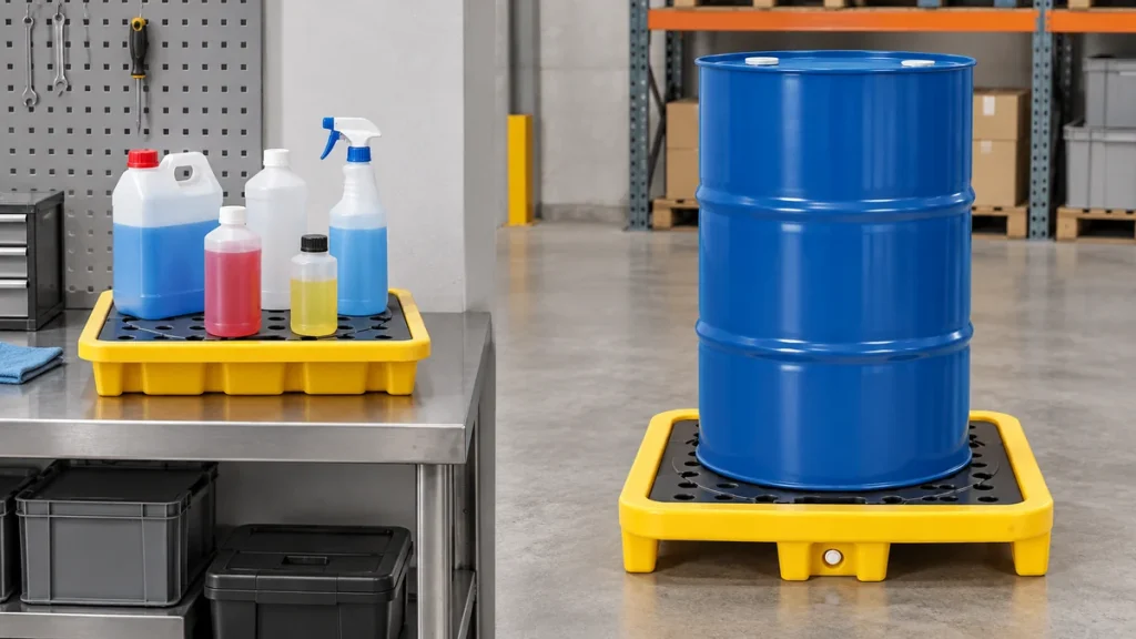 Compact spill tray and single-drum spill pallet in an industrial storage area