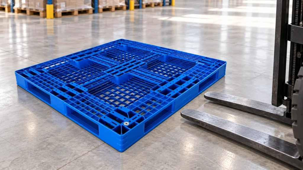 Blue plastic pallet beside forklift forks in a warehouse