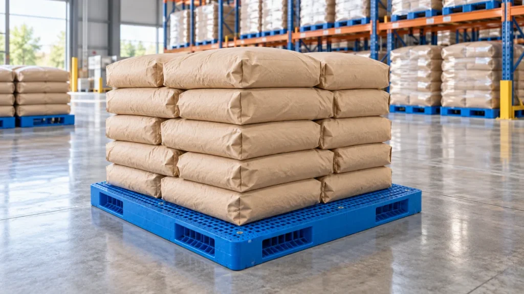 Blue plastic pallet supporting bagged goods in a warehouse