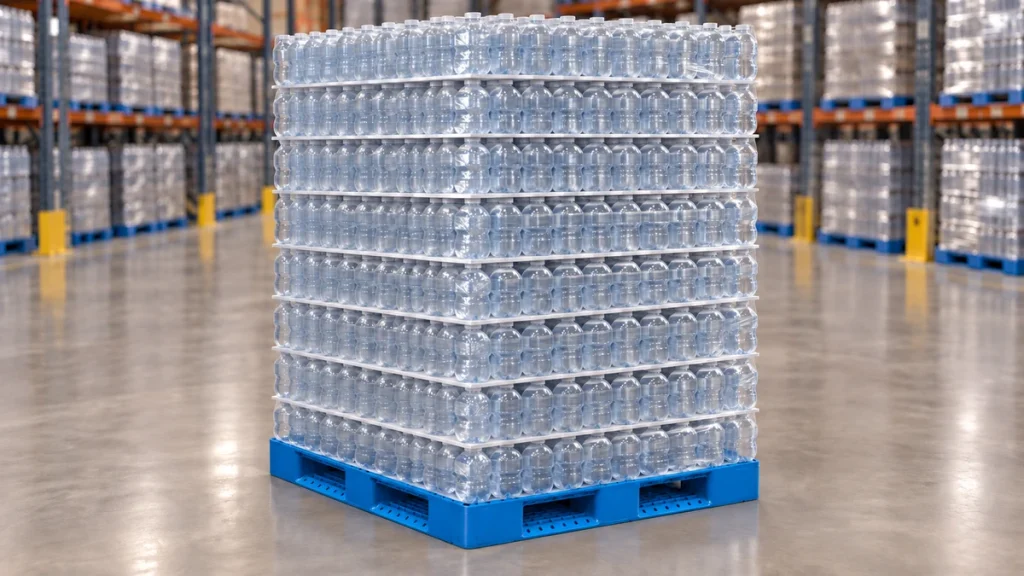 Blue plastic pallet fully loaded with eight layers of unbranded bottled mineral water in a warehouse