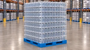 Blue plastic pallet fully loaded with eight layers of unbranded bottled mineral water in a warehouse