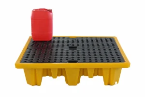 Yellow plastic spill pallet with black grate and red liquid container