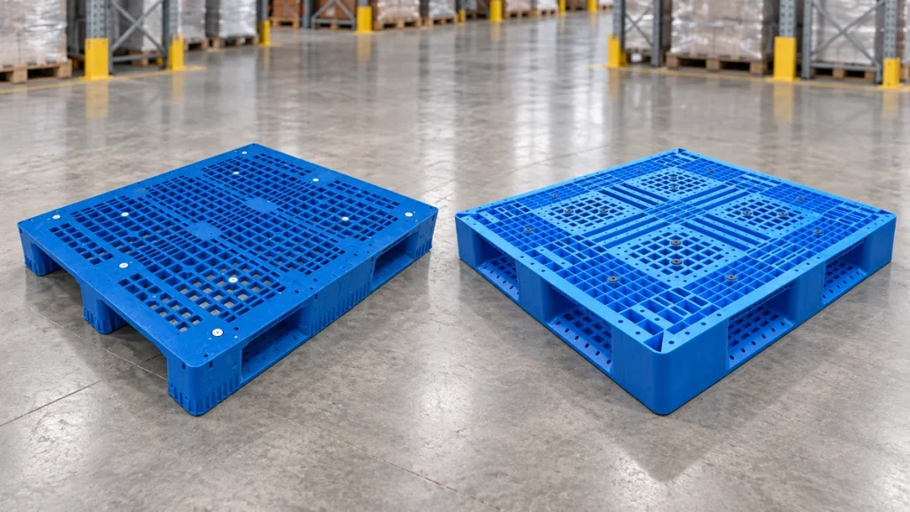 Three-runner and six-runner plastic pallets in a warehouse
