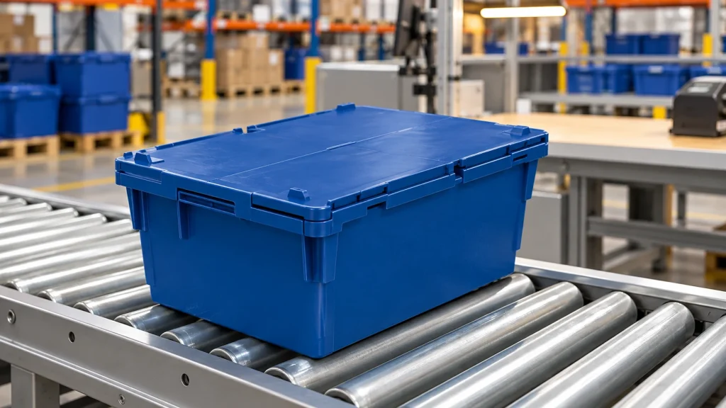 Blue attached lid container on a warehouse return-processing conveyor