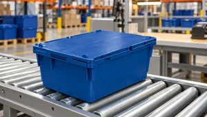 Blue attached lid container on a warehouse return-processing conveyor