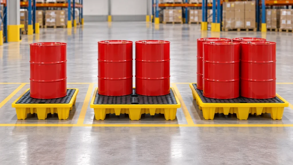Yellow drum spill pallets arranged in separate warehouse storage zones