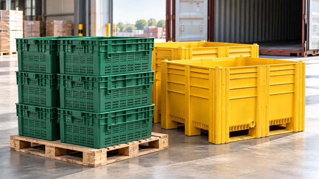 Green plastic crates and yellow pallet boxes staged for a mixed warehouse shipment
