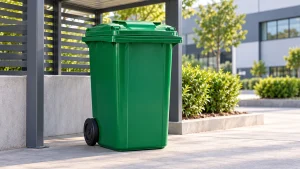 Green outdoor plastic waste bin at a commercial collection point