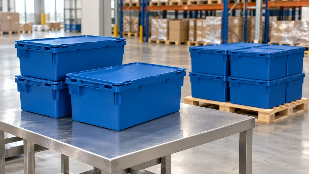 Blue reusable plastic crates staged for warehouse evaluation