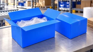 Blue PP corrugated boxes prepared for reusable industrial packaging