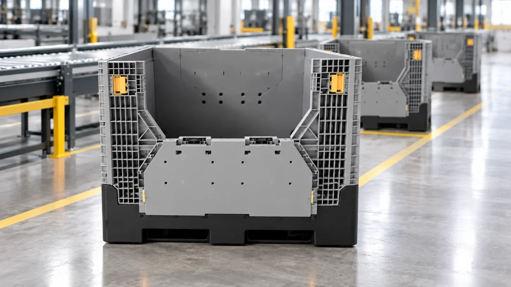 Reusable grey pallet boxes in a warehouse return-processing lane