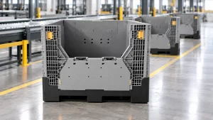 Reusable grey pallet boxes in a warehouse return-processing lane